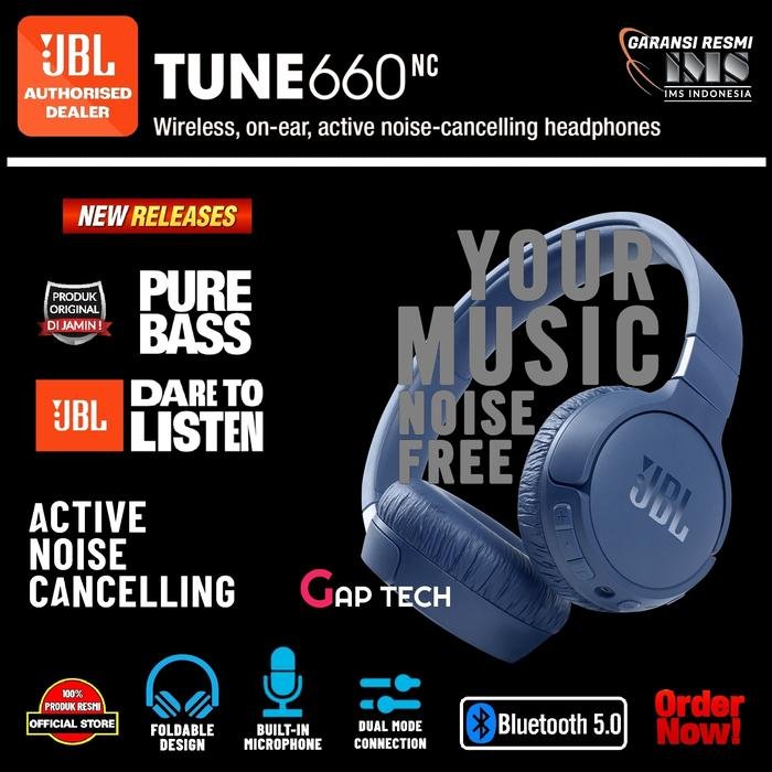 JBL Tune 660NC / T660NC / T 660NC Wireless On-Ear Active NC Headphone Original - Blue