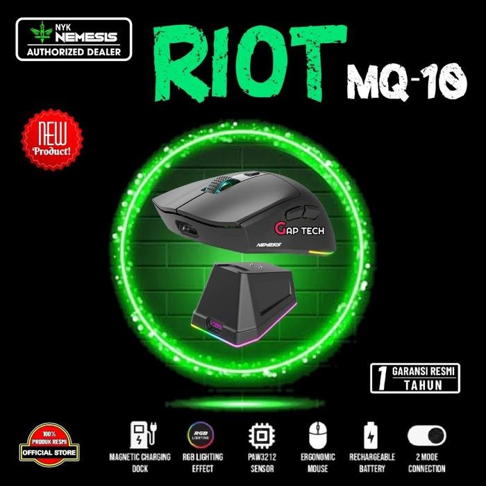 NYK Nemesis Riot MQ-10 / MQ10 / MQ 10 Gaming Mouse Wireless Dual Mode Connection Rechargeable Battery with Docking Charging Original - Black