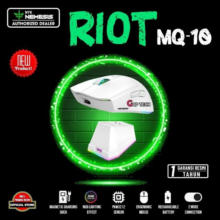 NYK Nemesis Riot MQ-10 / MQ10 / MQ 10 Gaming Mouse Wireless Dual Mode Connection Rechargeable Battery with Docking Charging Original - White