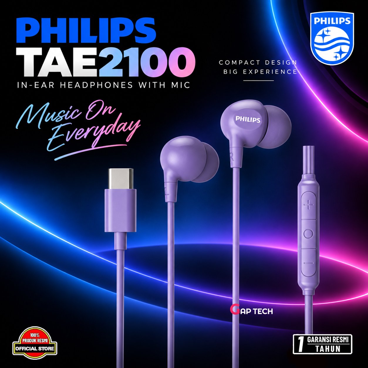Philips TAE2100 TAE 2100 In-ear Wired Earphone USB-C With Mic Original - Purple
