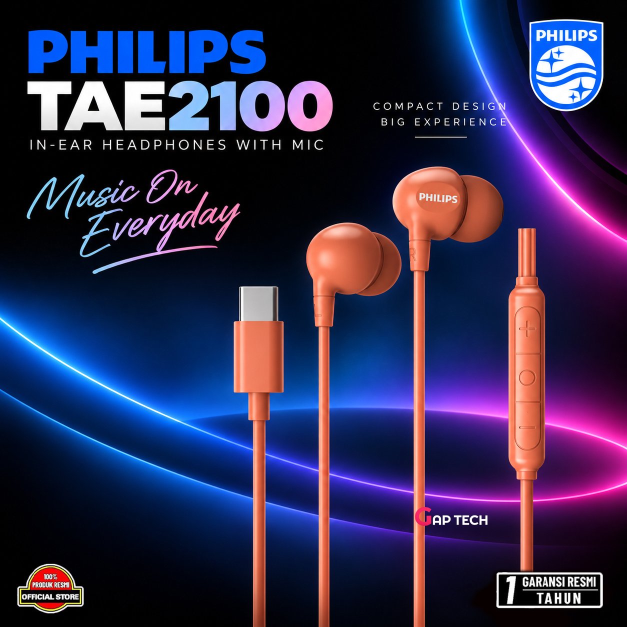 Philips TAE2100 TAE 2100 In-ear Wired Earphone USB-C With Mic Original - Orange
