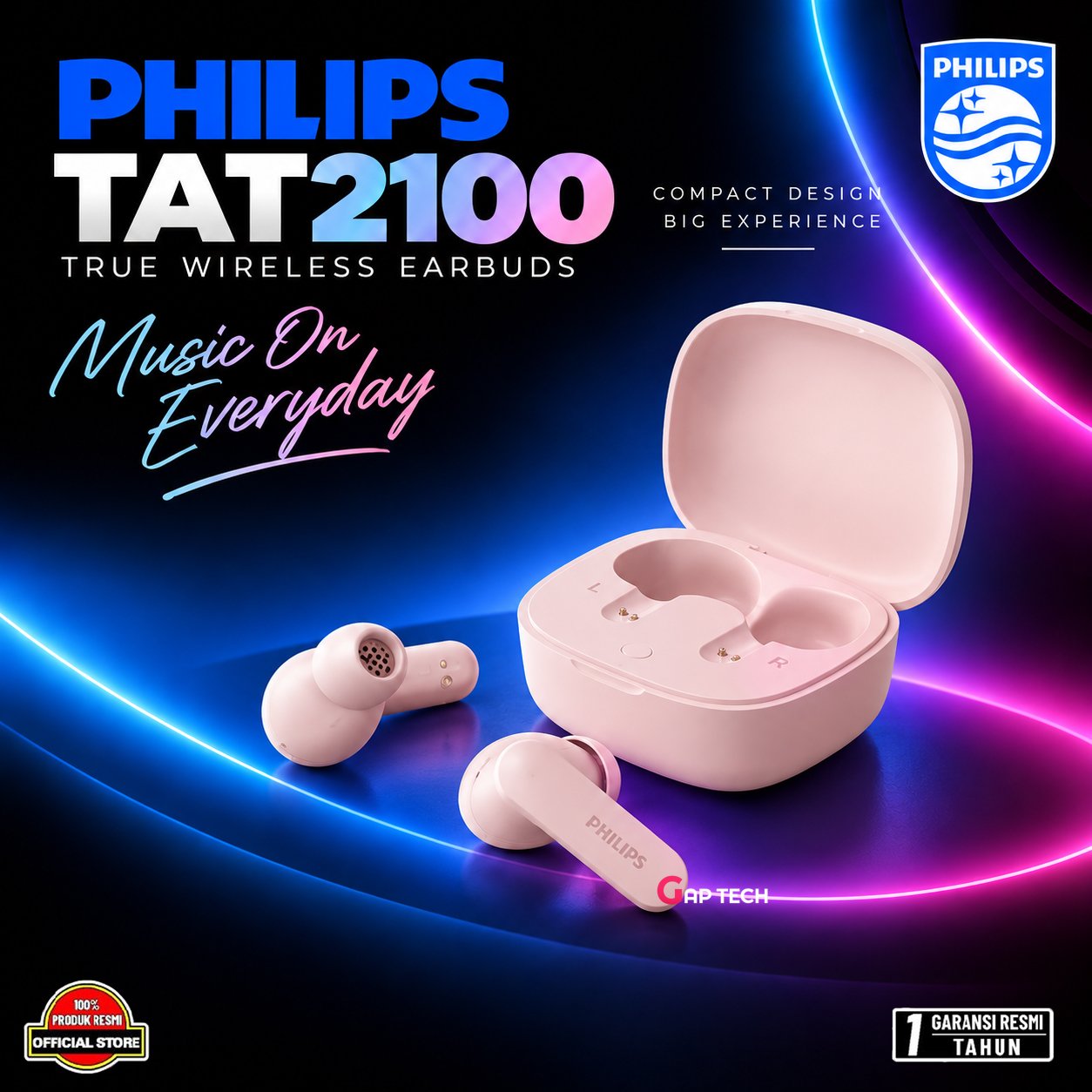 Philips TAT2100 / TAT 2100 True wireless TWS Dynamic Bass Original - Pink