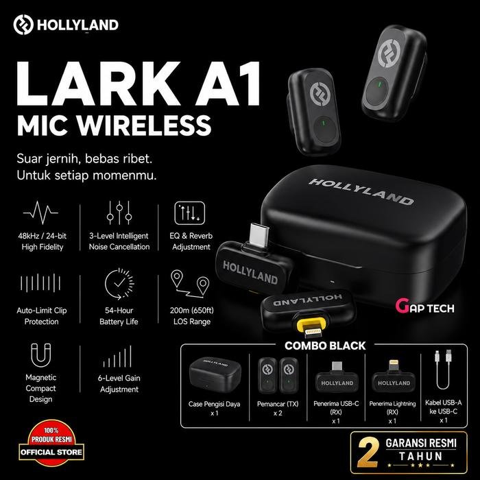 Hollyland Lark A1 Wireless Microphone Android/ iOS Ai Noise Canceling Original - Combo Black