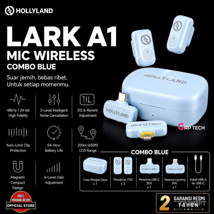 Hollyland Lark A1 Wireless Microphone Android/ iOS Ai Noise Canceling Original - Combo Blue