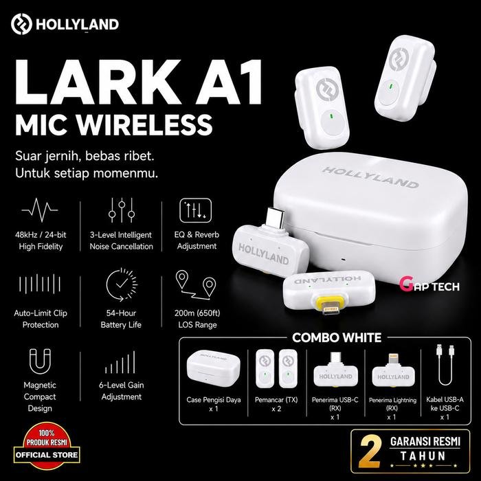 Hollyland Lark A1 Wireless Microphone Android/ iOS Ai Noise Canceling Original - Combo White