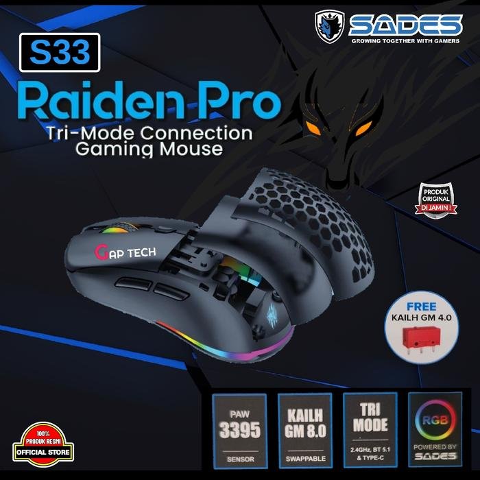 Sades Raiden Pro S33 / S-33 / S 33 Wireless Modular Dual Mode Gaming Mouse Original - Black