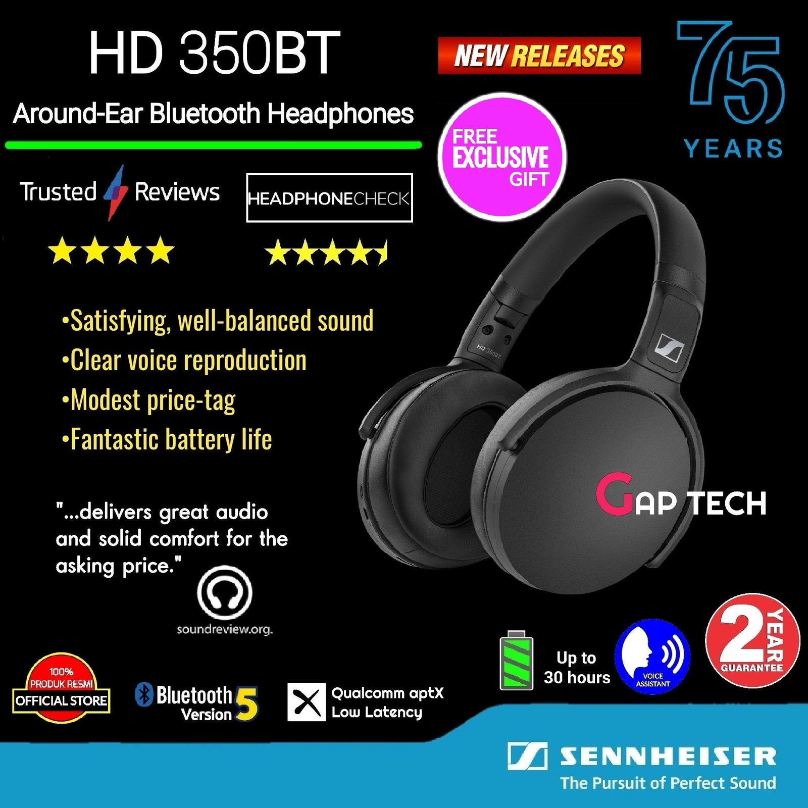 Sennheiser HD 350BT / HD350BT / HD350 BT Over-Ear Bluetooth Headphones Original - Black