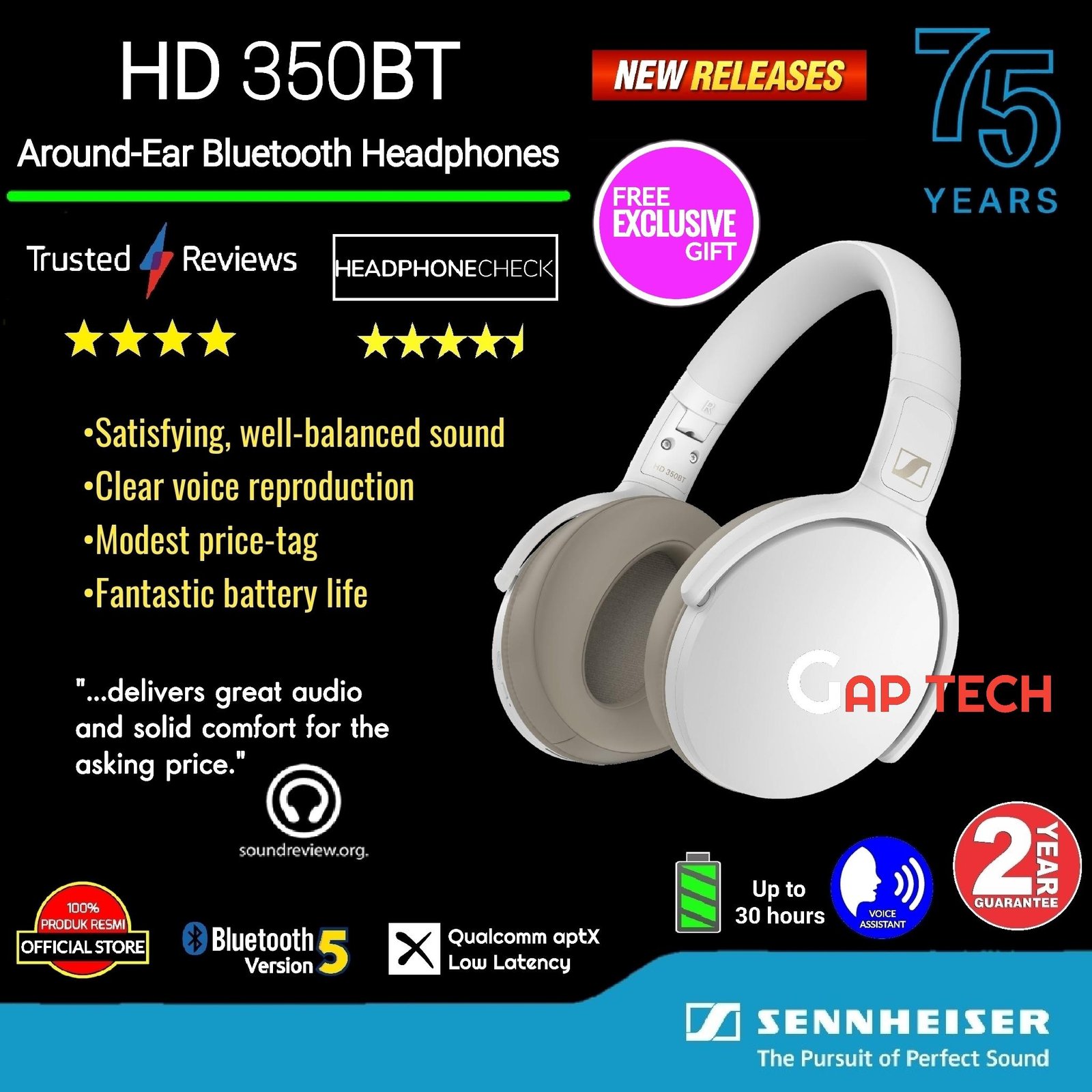 Sennheiser HD 350BT / HD350BT / HD350 BT Over-Ear Bluetooth Headphones Original - White