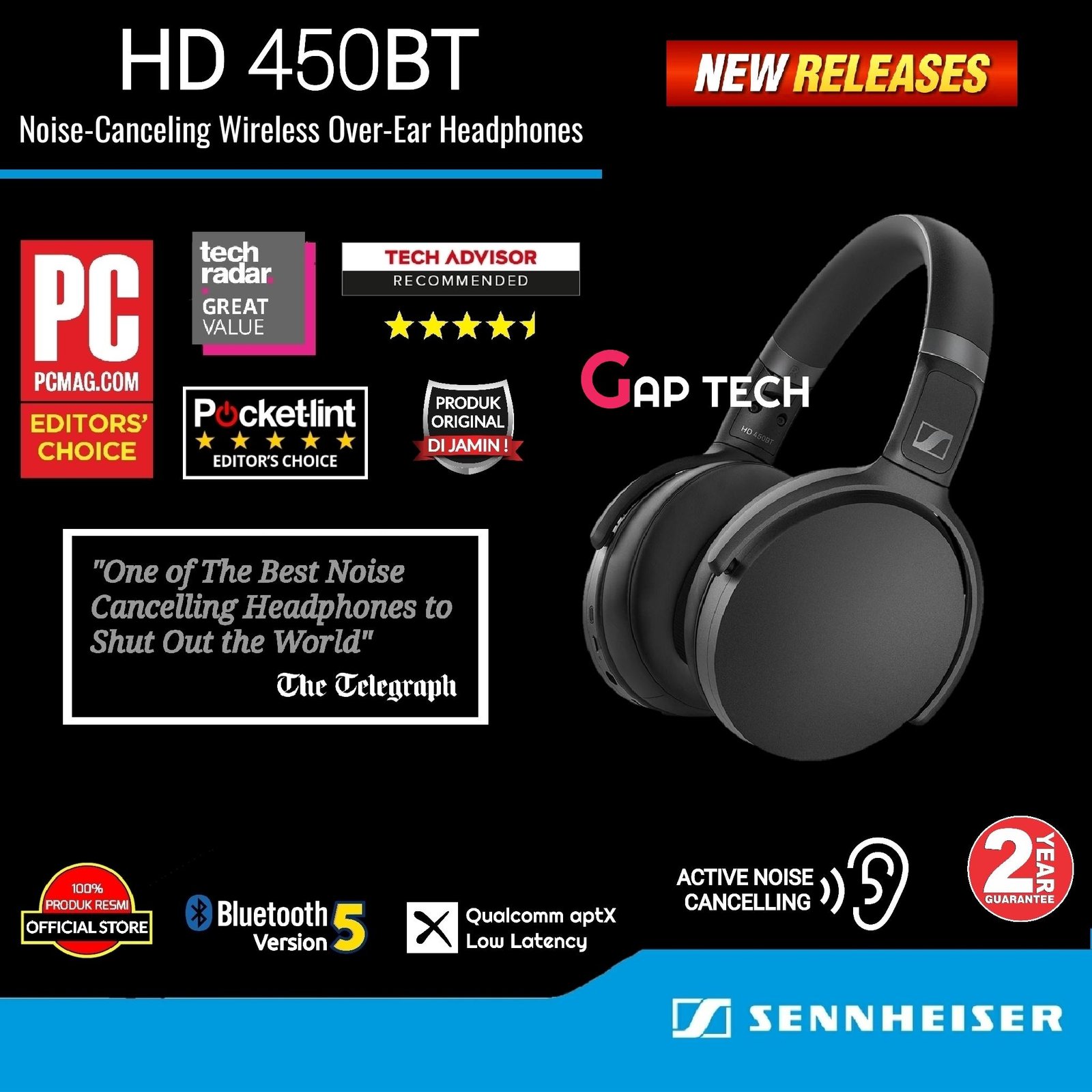 Sennheiser HD 450BT / HD450BT Noise-Canceling Wireless Headphones Original - Black