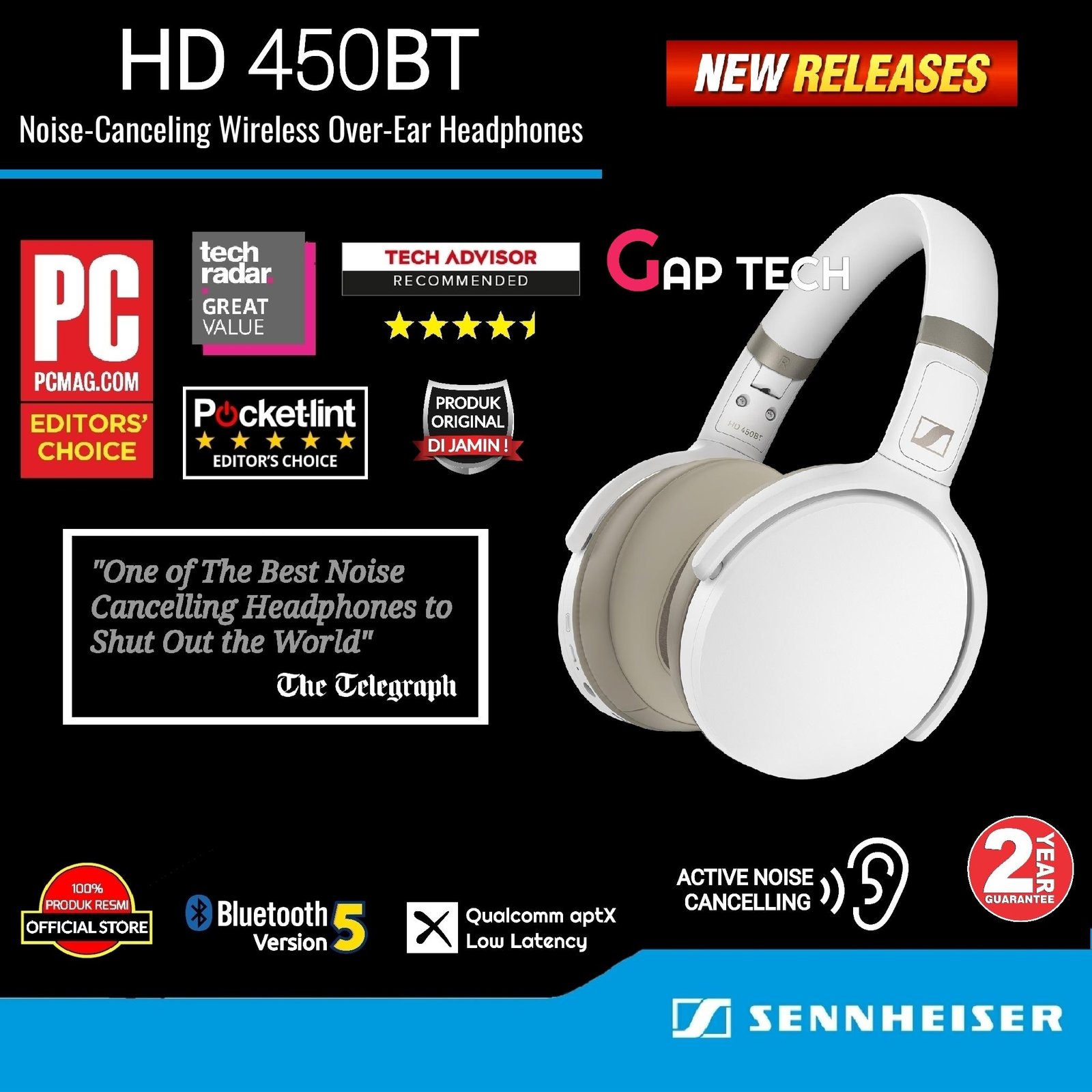 Sennheiser HD 450BT / HD450BT Noise-Canceling Wireless Headphones Original - White