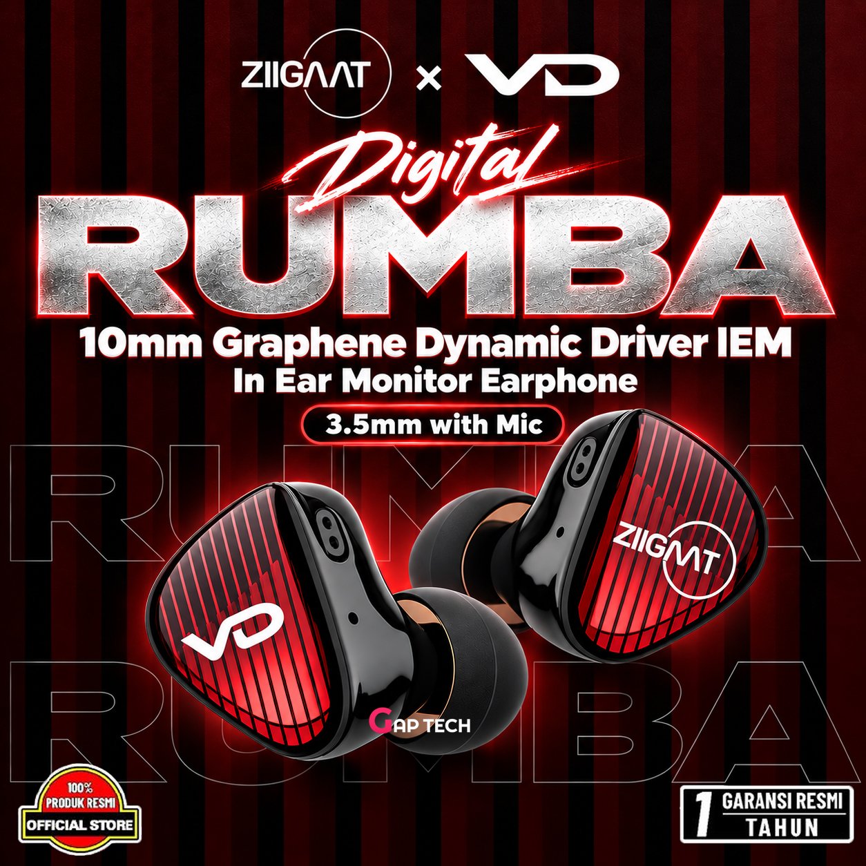 ZiiGaat x Vivir Digital: RUMBA 10mm Graphene Dynamic Driver IEM In Ear Monitor Earphone Original - 3.5mm with Mic